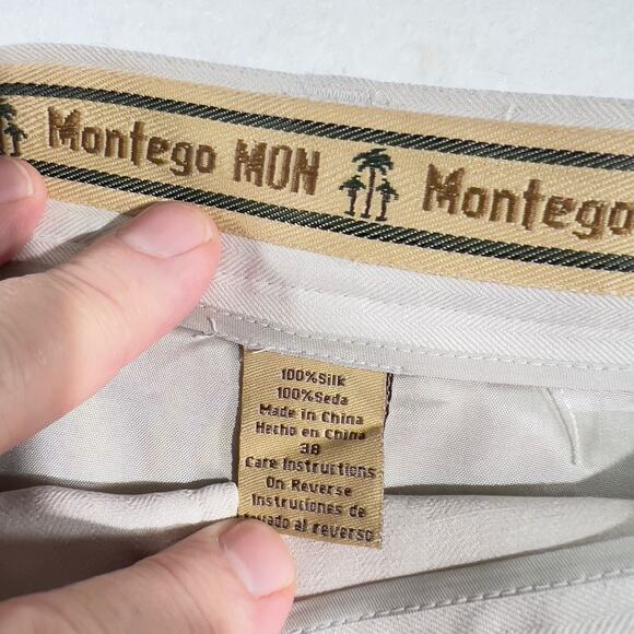 Montego Mon 100% Silk Shorts Mens 38W Beige w/ Flaw Button Pockets Golf Bermuda - Picture 2 of 12